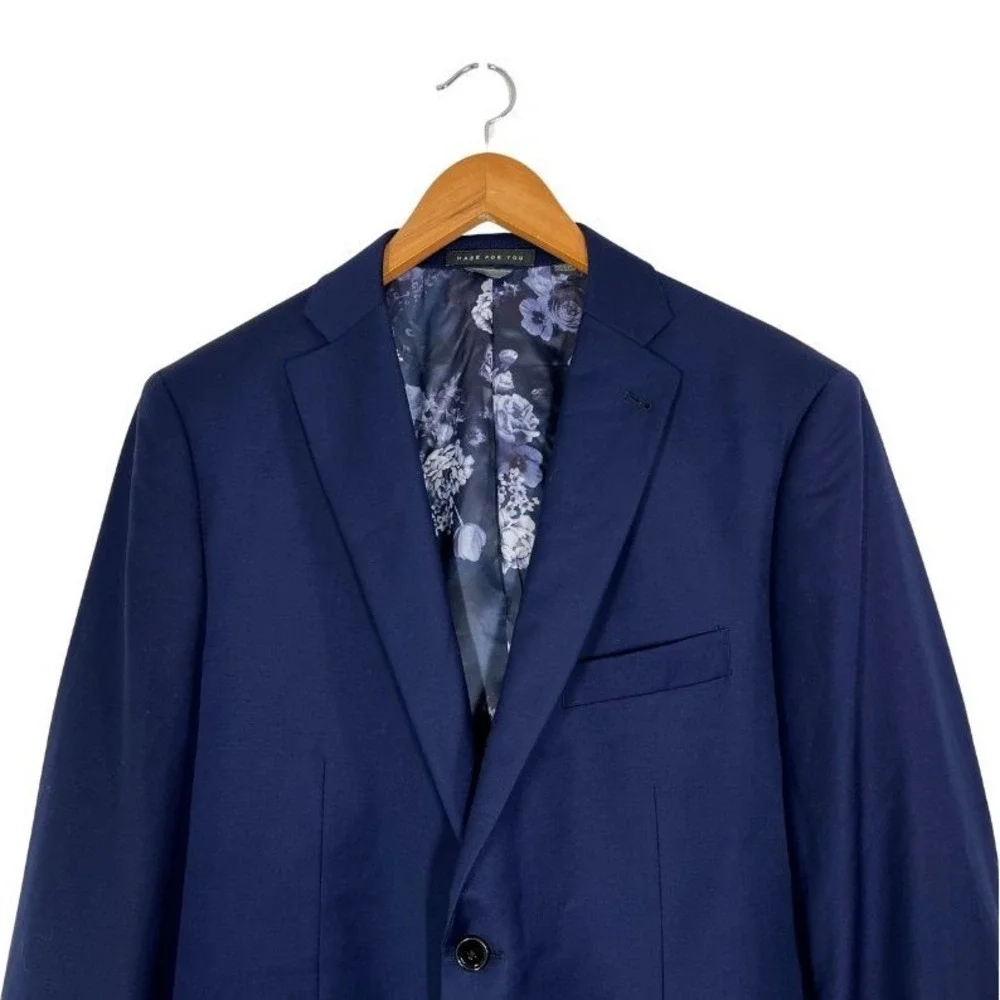 Indochino Men's Navy Wool Blazer Sport Coat 2-Button‎ Lined Floral Interior
